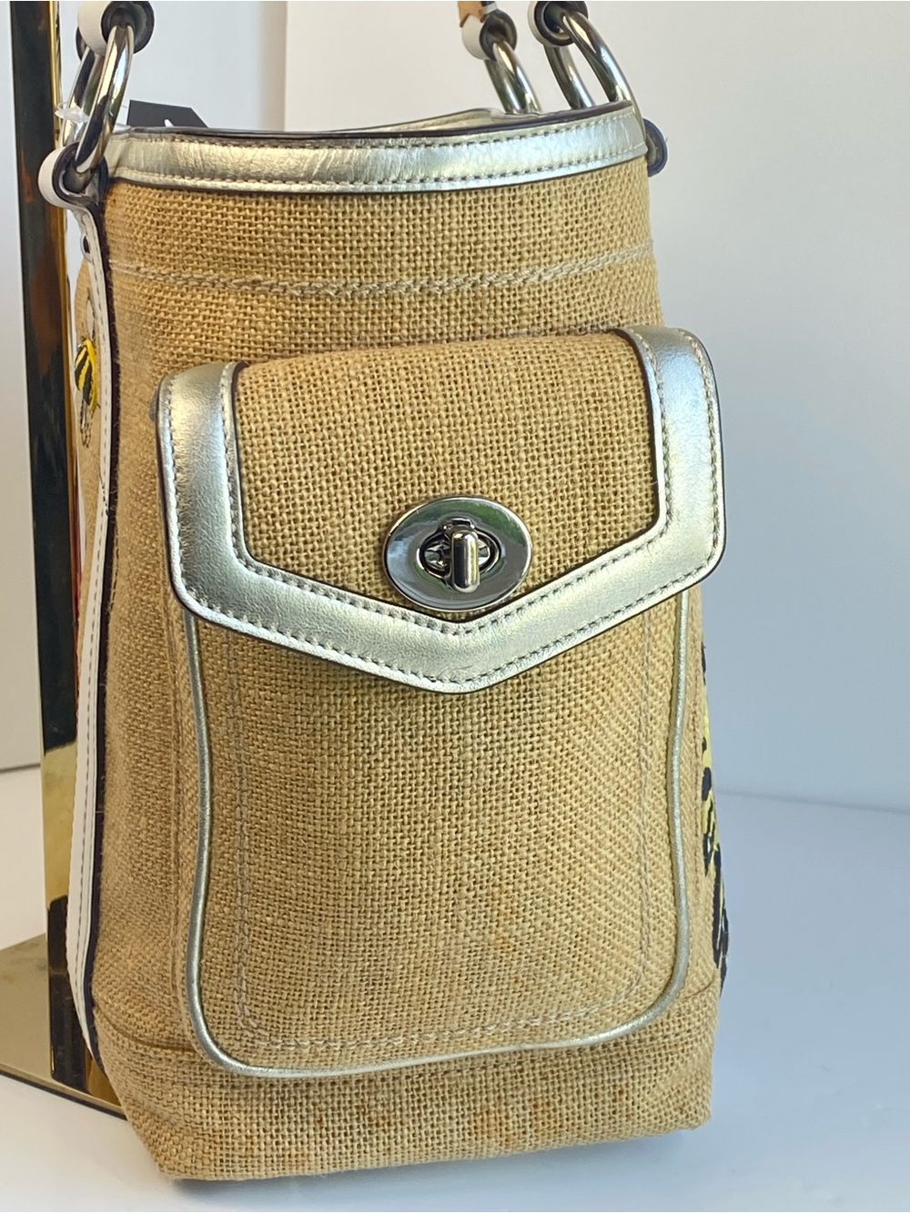 Coach Vintage Rare Floral Bee Woven Straw Gallery Summer Tote Beachbag - Picture 10 of 15
